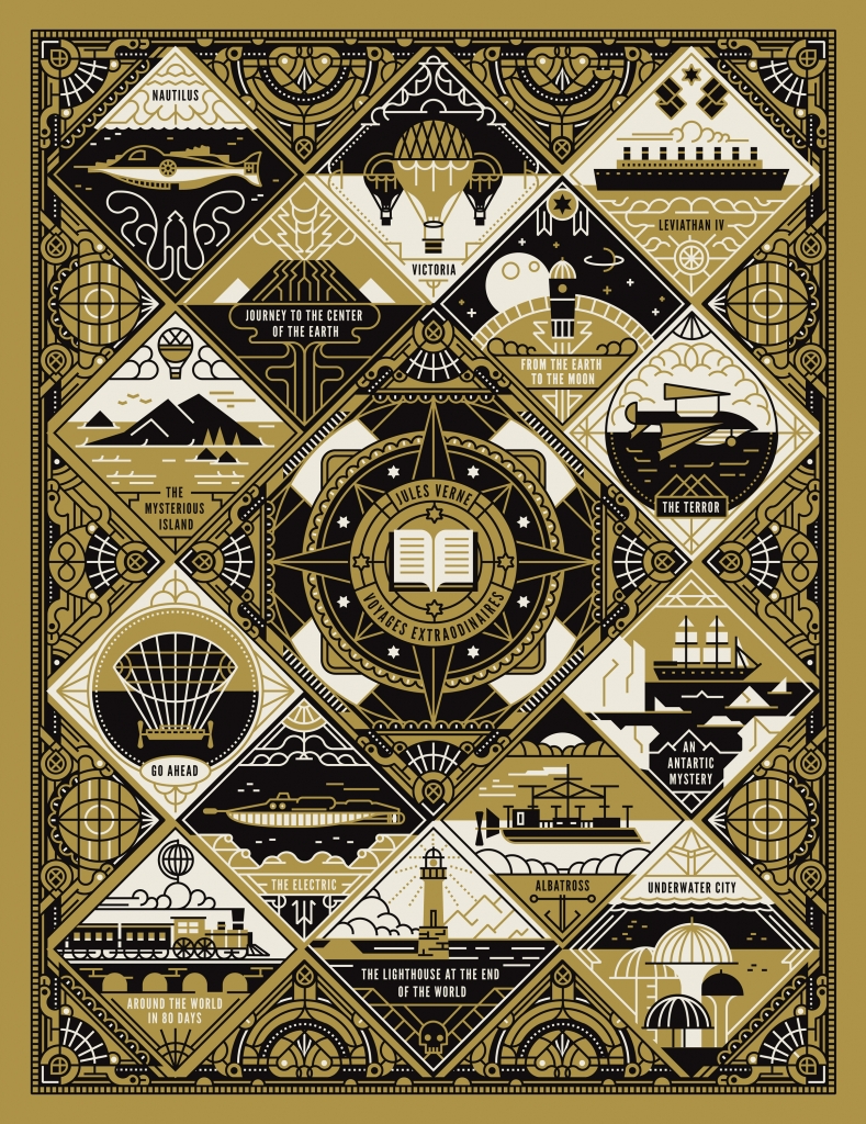 Decorative poster featuring Jules Verne’s books