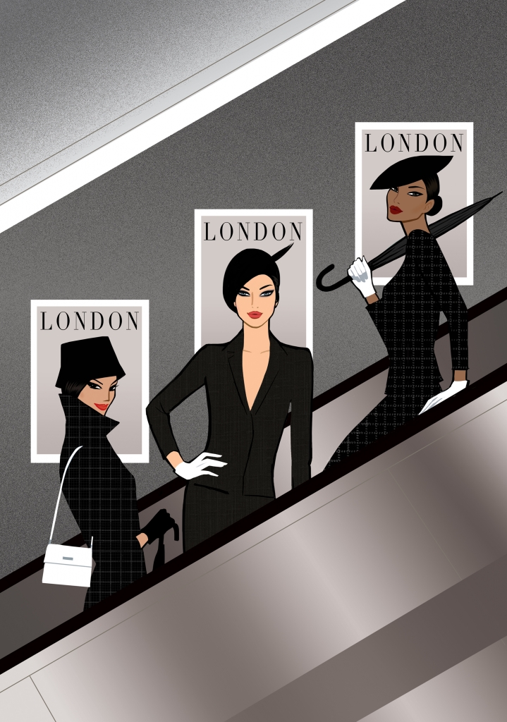 Illustration of three glamorous women on a london tube escalator