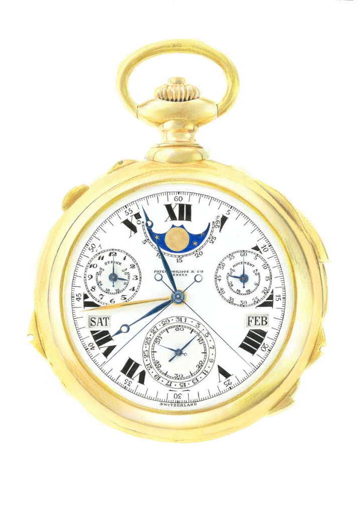 Detailed illustration of a Patek Philippe pocket watch