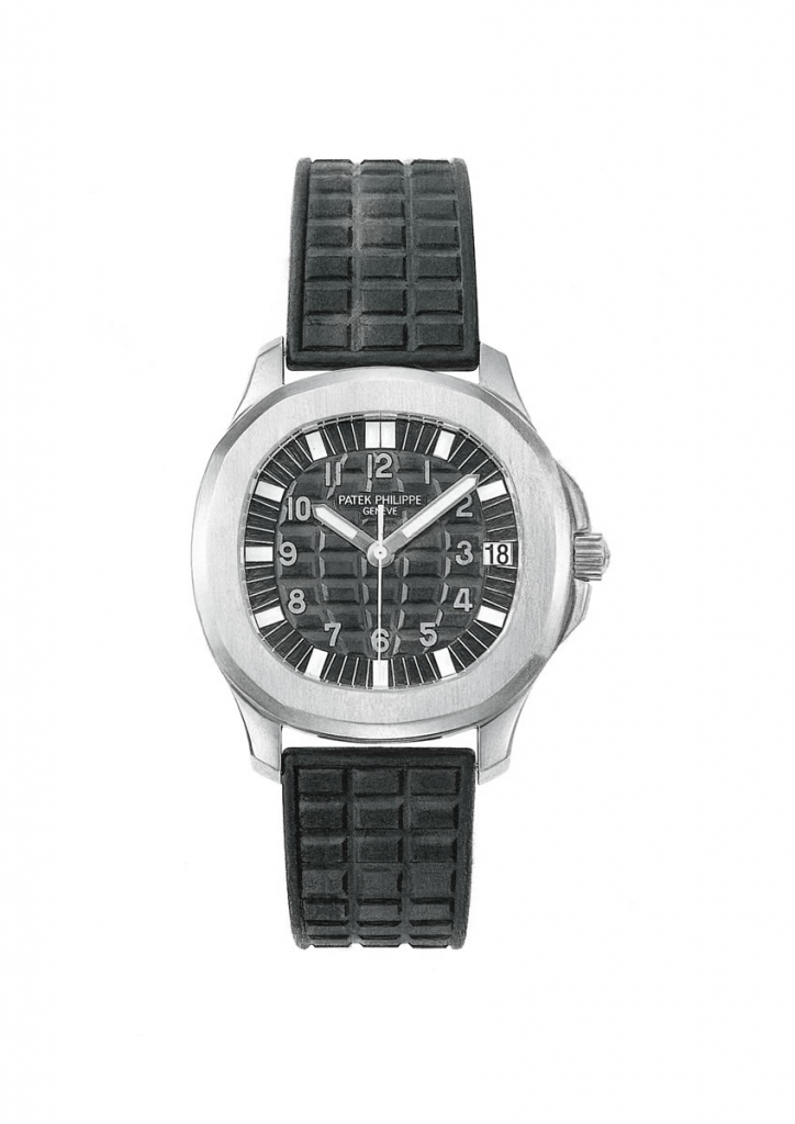 Black and white drawing of a Patek Philippe wristwatch 